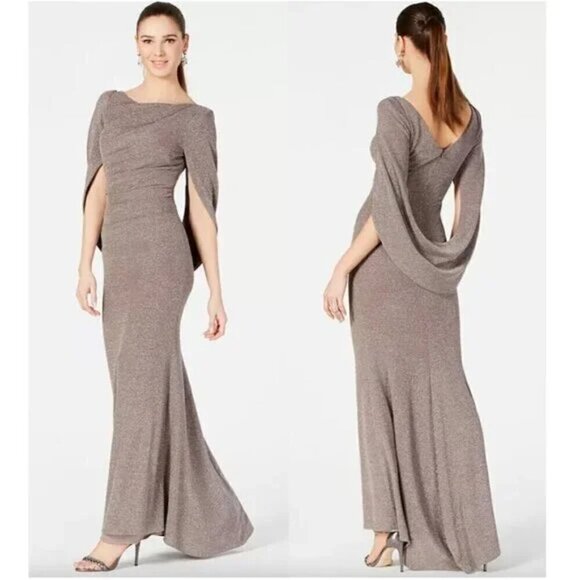BETSY ADAM Jenna Long Metallic Draped Cowl Back Gown in Taupe/Silver Size US 10 - Picture 3 of 13